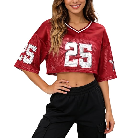Yuanlong Women's Cropped Tshirts V Neck Short Sleeve Number Print Casual Tees Loose Fit Everyday Streetwear Sports Tee Shirts