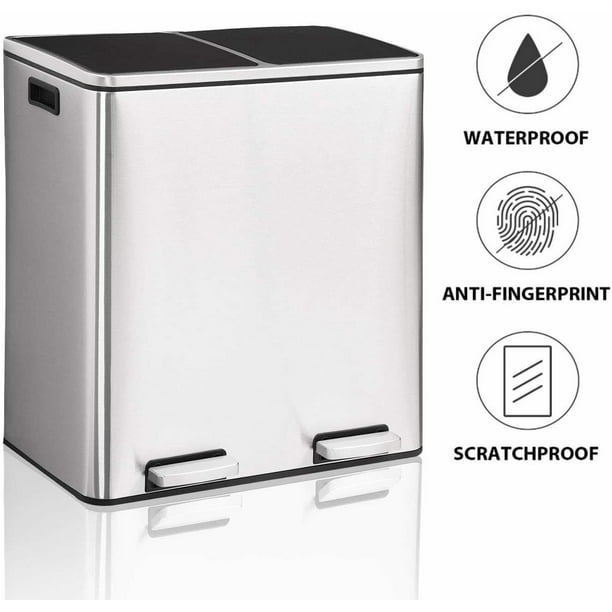GARTIO 16 gal Dual Compartment Step Trash Can, Stainless Steel Kitchen