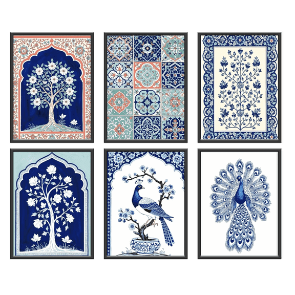 Blue Madhubani Wall Art Canvas Unframed Painting for Wall Decoration Wall Paintings for Living Room Bedroom Hall Kids Room 10x13 Inch Set of 6