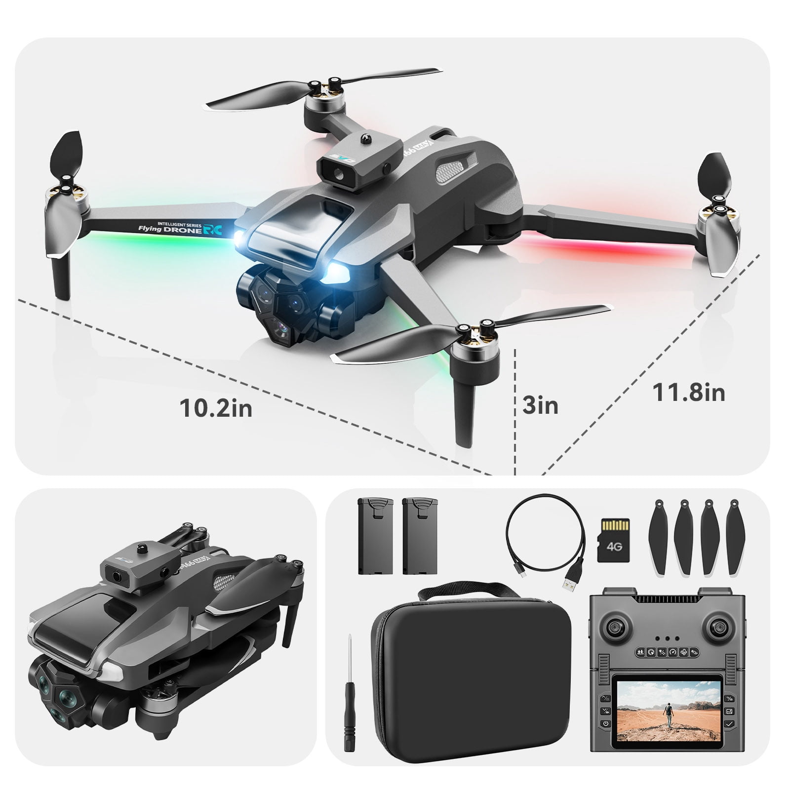 JoyStone FPV Drone with 1080P HD Camera for Beginner, Foldable RC Quadcopter with 4.3" HD LCD RC Screen, SD Card, 5G WiFi, Brushless Motor, Optical Flow, 2 Batteries, Grey