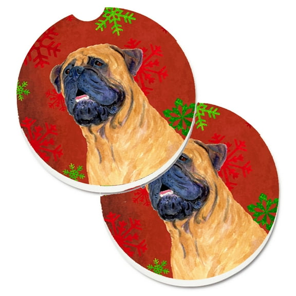 Mastiff Red and Green Snowflakes Holiday Christmas Set of 2 Cup Holder Car Coasters