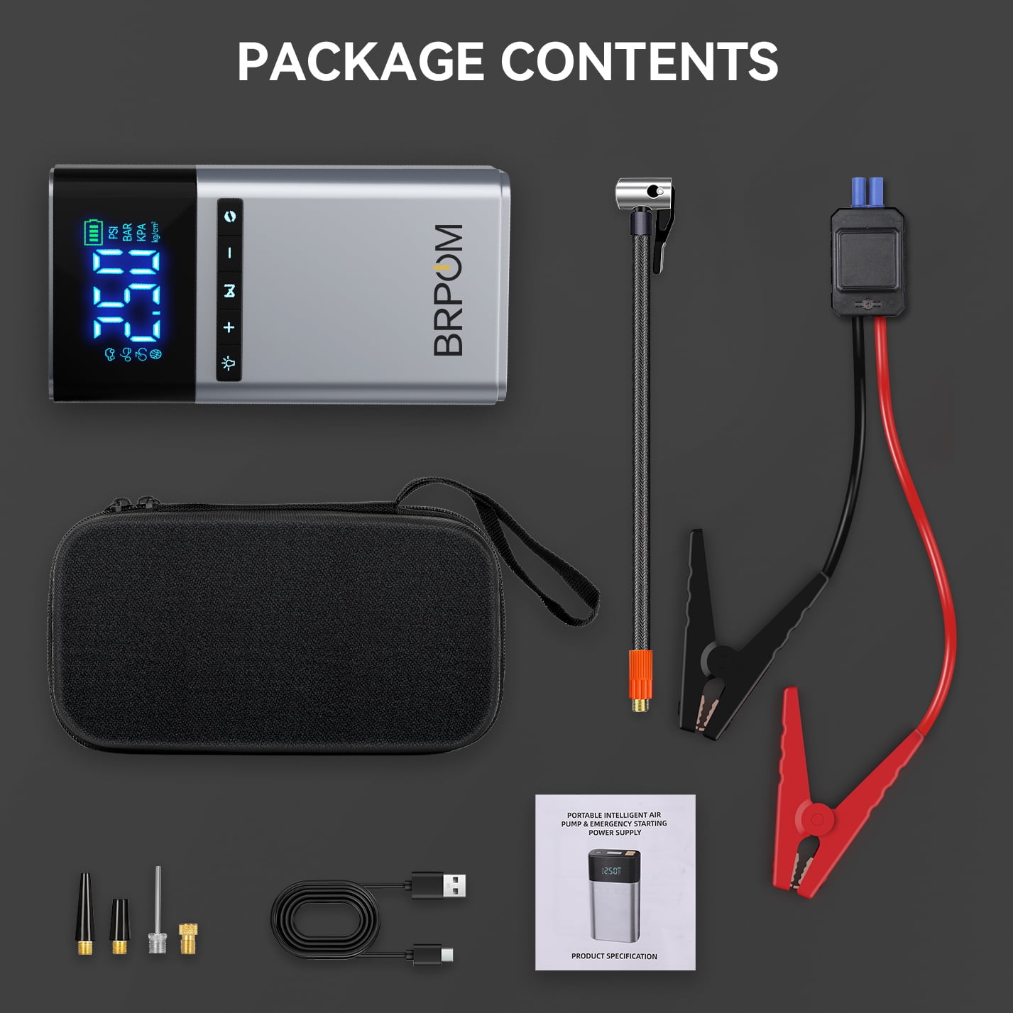 BRPOM Portable Car Jump Starter with Air Compressor, 12V Battery pack for Gas/Diesel Engines, 7500A High Power, Digital Display, LED Lights, USB Type-C Charging, Rechargeable Lithium Polymer Battery
