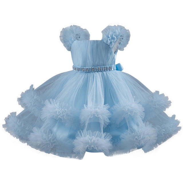 Birthday Party Dress for Girls, Short Sleeve Round Neck Ruffled Lace Embroidery Mesh Princess Bow Skirt in Light Blue, Size 90