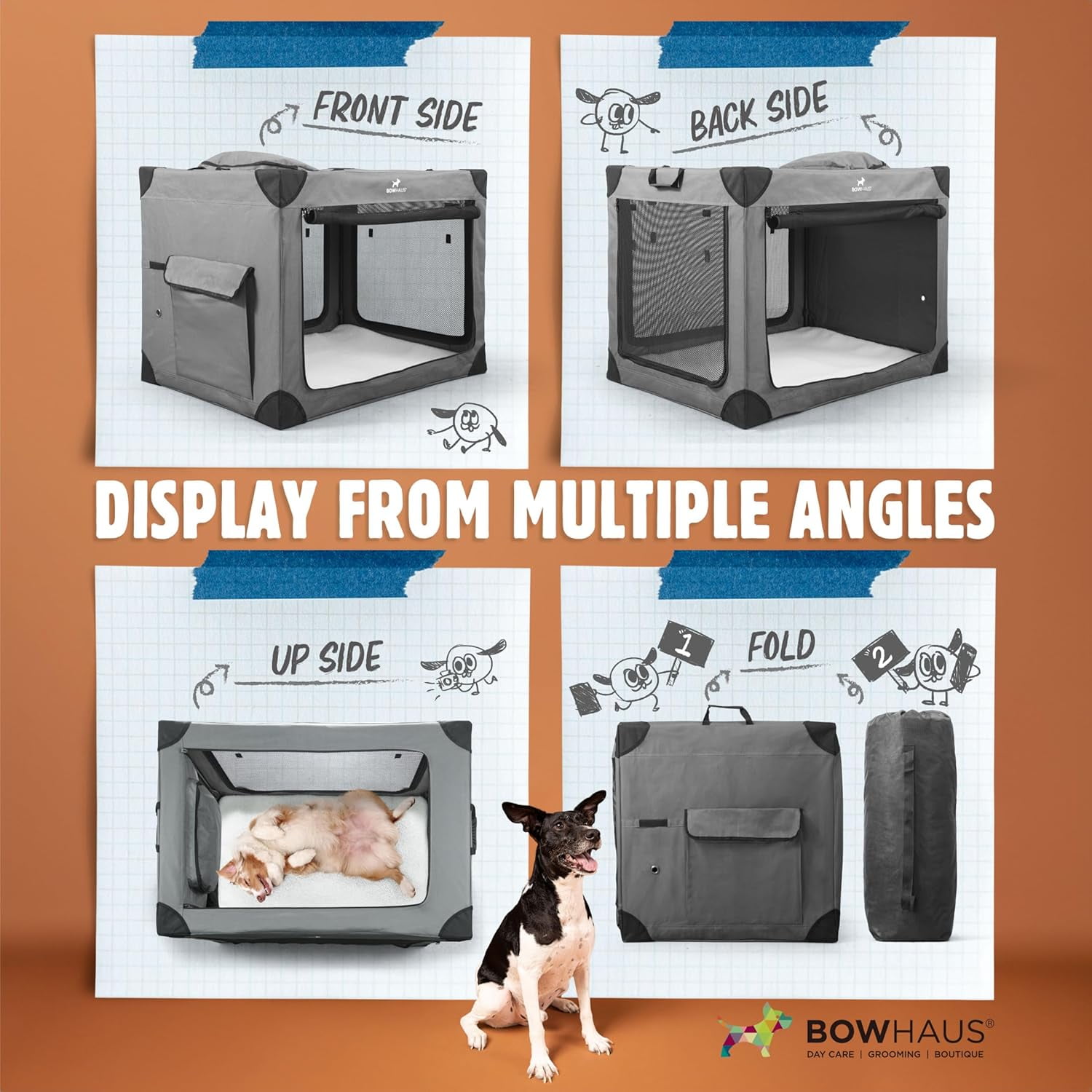 BOWHAUS 36 Inch Portable Travel Dog Kennel for Medium Dogs with Durable Mesh Windows and 2 Storage Pockets, Indoor & Outdoor for Car, Soft-Sided Collapsible Dog Crate with 4 Breathable Mesh Door