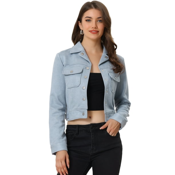 Chaqueta de motociclista recortada de gamuza sintética con muescas en el cuello, bolsillos, chaquetas de motociclista con botones Gris Azul S