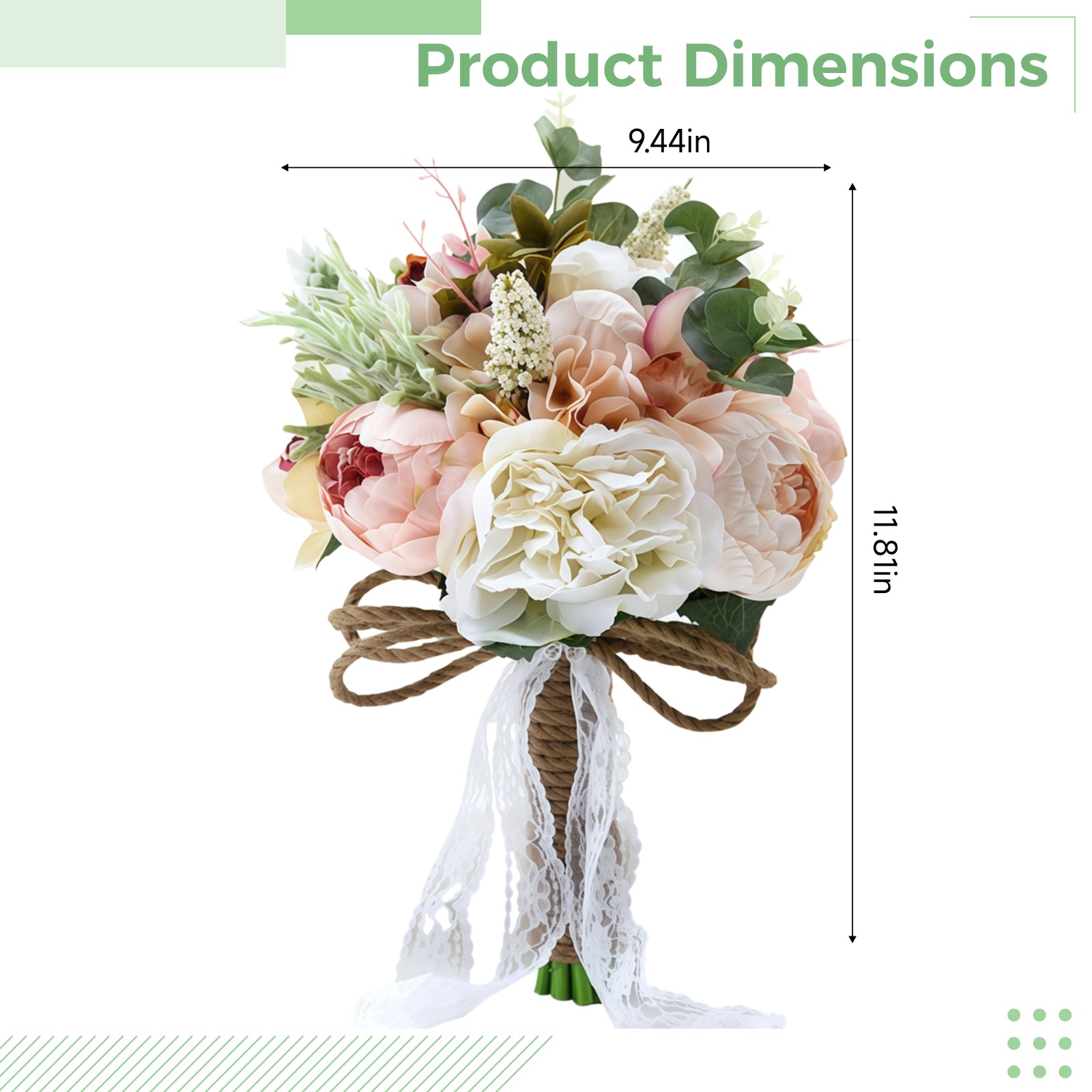 Bride Bouquets for Wedding, Artificial Silk Flower Bouquets, White Pink Bridal Bouquets with Green Leaves and Lace Handle, Classic European Style