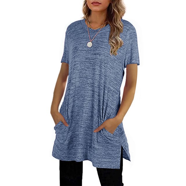 Pntutb Mujeres Moda O-cuello Sólido Bolsillo Camiseta tops Manga corta Blusa suelta Pntutb Pntutb-7928