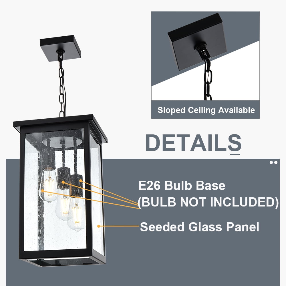 Melucee Outdoor Pendant Light Fixtures, 3-Lights Exterior Hanging Lantern, Black Large Outdoor Hanging Porch Light with Seeded Glass Shade