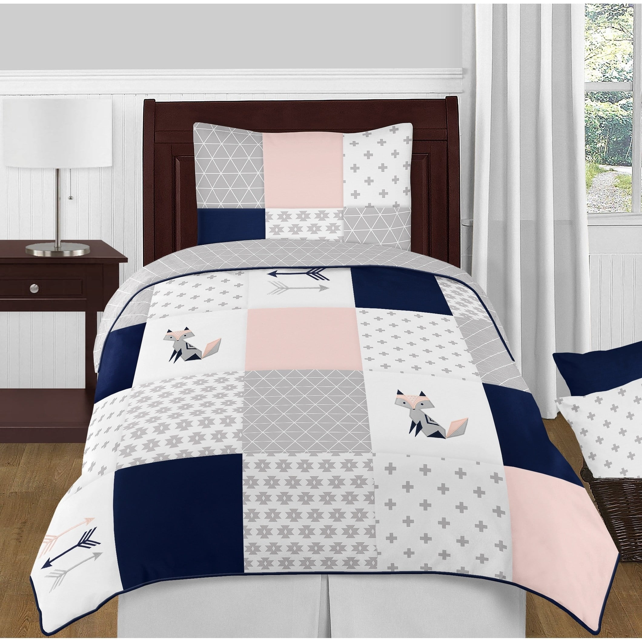 Sweet Jojo Designs Navy Blue Pink And Grey Patchwork Woodland Fox Arrow Collection Girl 4 Piece Twin Size Comforter Set