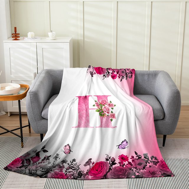 Erosebridal Floral Initial Flannel Blanket 40x50,Flower Butterfly Sherpa Throw,Teens Bedroom Decor,Ultra Soft