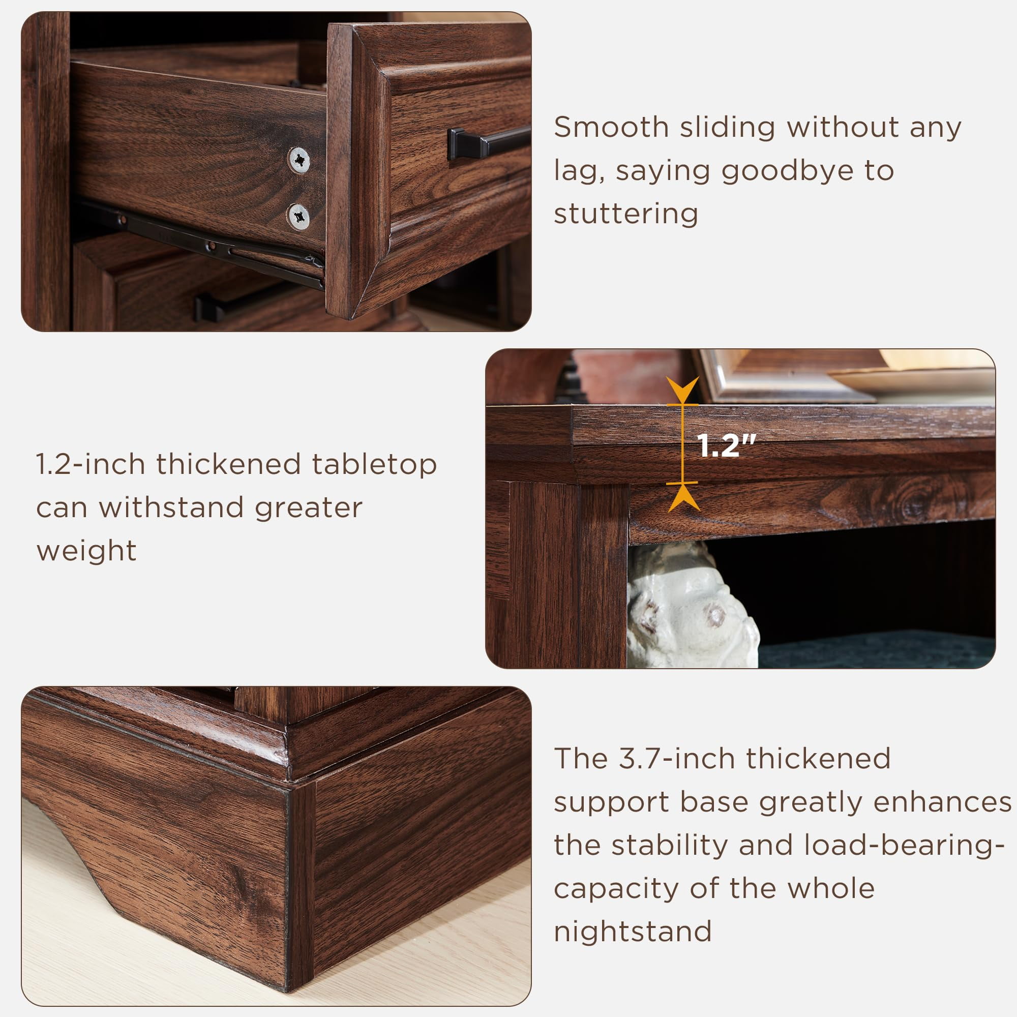 ACCOHOHO Nightstands Set of 2 with Charging Station, Rustic End Table with 2 Drawers Farmhouse Side Table with 3-tier Storage Space Bedside Cabinet for Bedroom Living Room,Brown