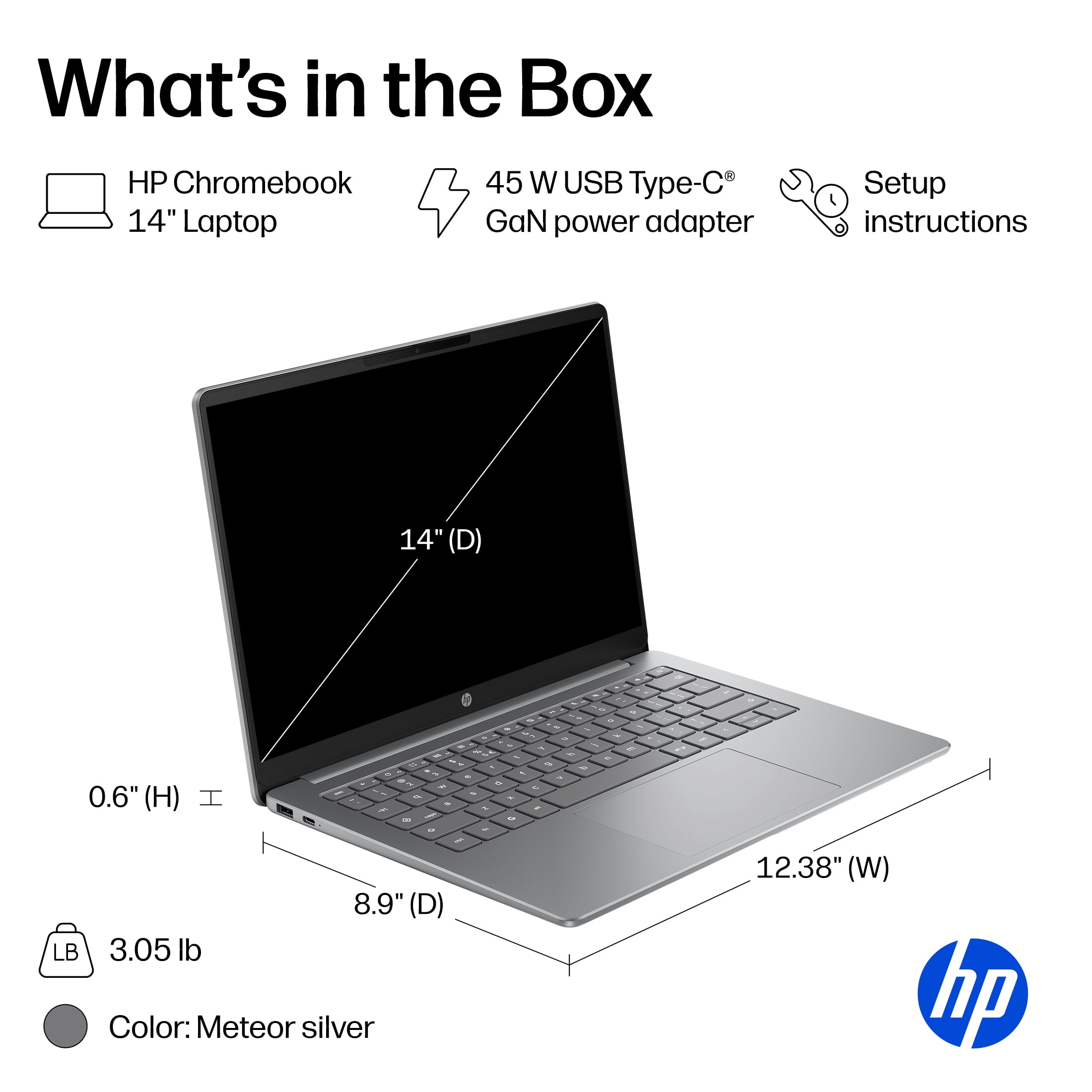 HP Chromebook 14 inch Laptop PC 2K IPS Chrome OS Intel N150 4GB 128GB UFS Meteor Silver