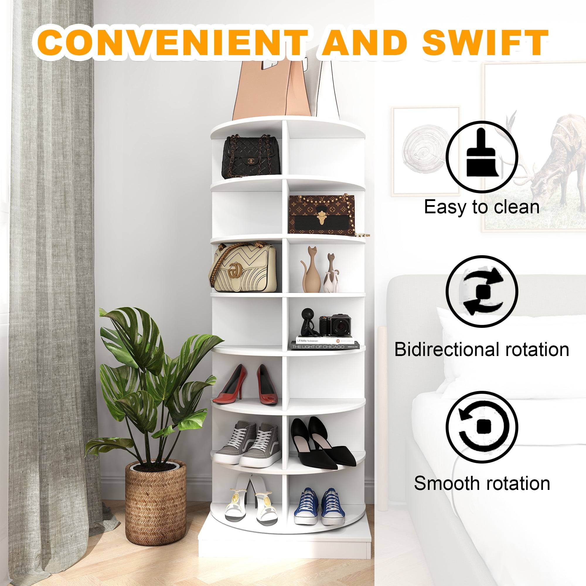 Aukfa 7-Tier Rotating Shoe Rack Tower, 360° Spinning Shoe Display Closet Organizer, White