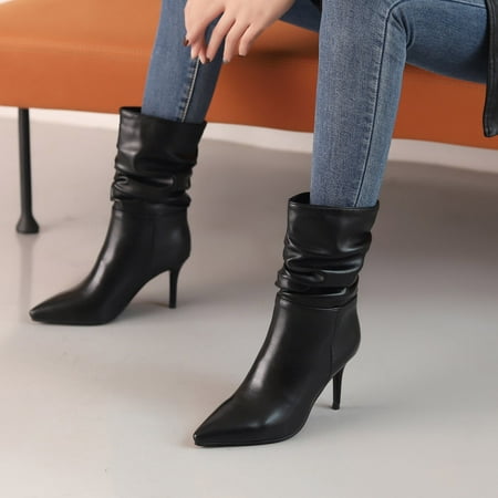 

Women s Solid Color Sexy Plus Velvet Warm Sleeve High Heeled Pleated Boots