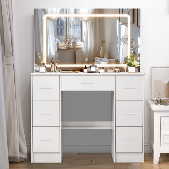Teousev Makeup Vanity Desk with LED Lights & 7 Drawers, White Dressing Table, 3-Temp Large Mirror