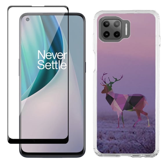 Slim-Fit Protective Phone Case compatible with Motorola Moto One 5G UW, with Tempered Glass Screen Protector, by OneToughShield ® - Deer/Polygon