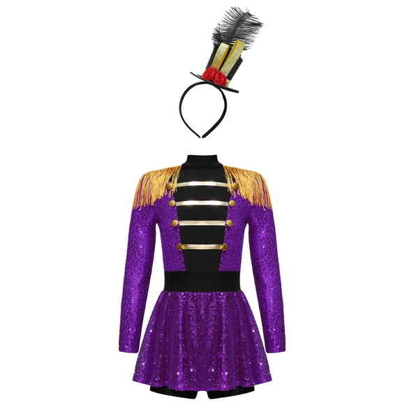 Jowowha Tenue de Cirque pour Fille Enfants Maître de Piste d'Halloween Justaucorps de Magicien à Manches Longues Robe à Paillettes Chapeau Violet 6