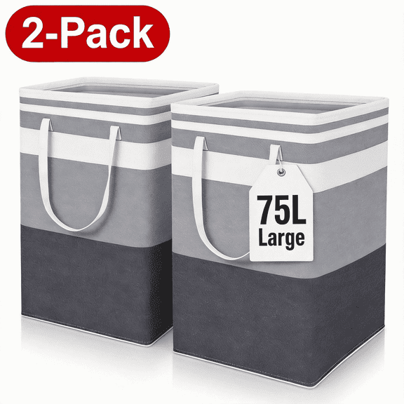 Icreopro 2 Pack Laundry Hampers, 75L Large Collapsible Laundry Baskets,Waterproof Clothes Hampers with Carry Handles for Bedroom, Bathroom, Laundry Room and Dorm