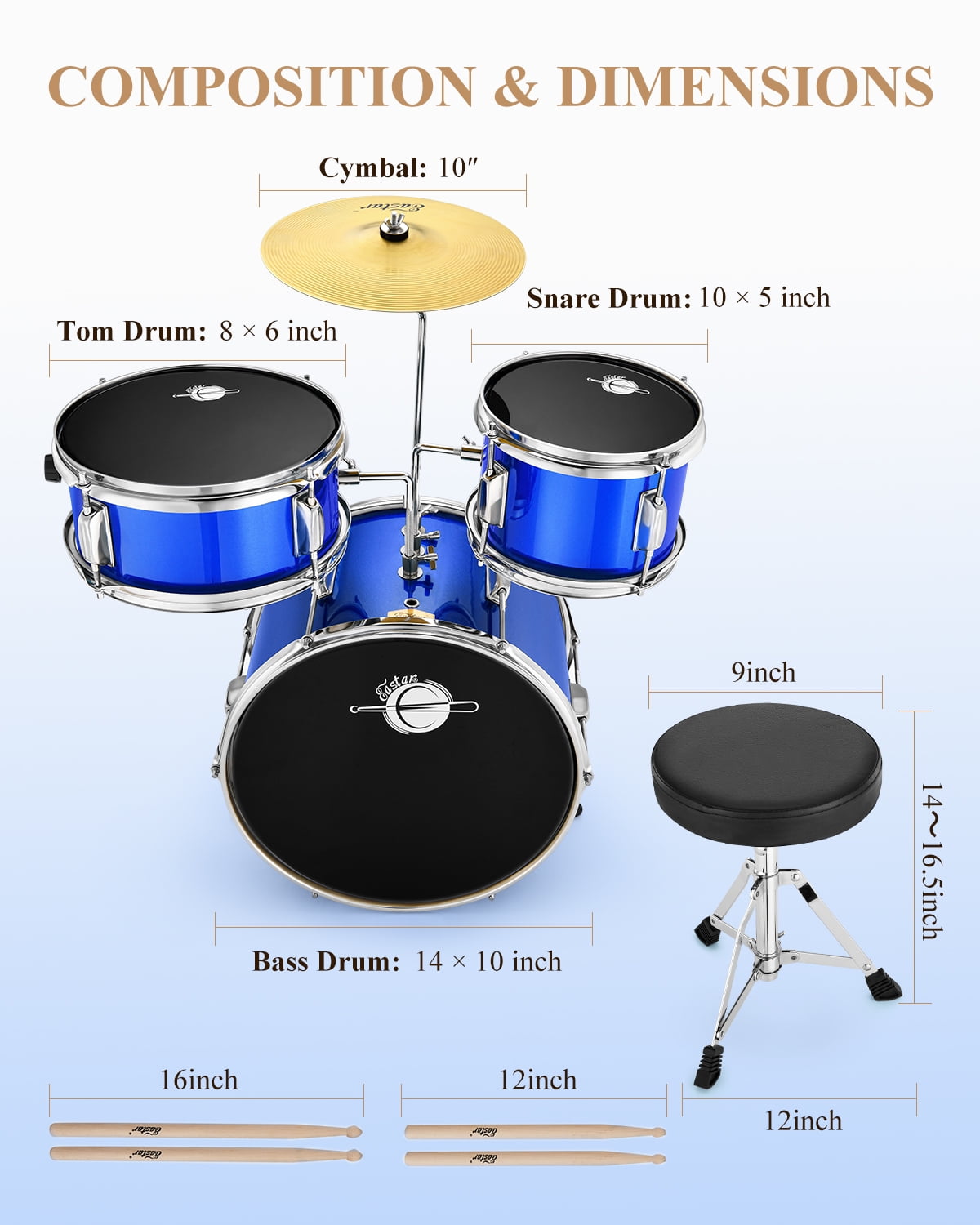 Eastar Kids Drum Set for Gift 14" 3-Piece Drums Kits with Bass Tom Snare, Adjustable Throne, Cymbal, Pedal, Drumsticks, Mirror Blue