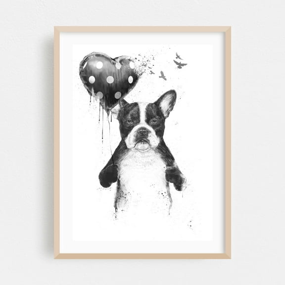 Balazs Solti - my_heart_goes_boom - Illustration Dog Animal Black and White Modern Art Humor Whimsical Oak Framed Wall Art Print 9 x 12 inches