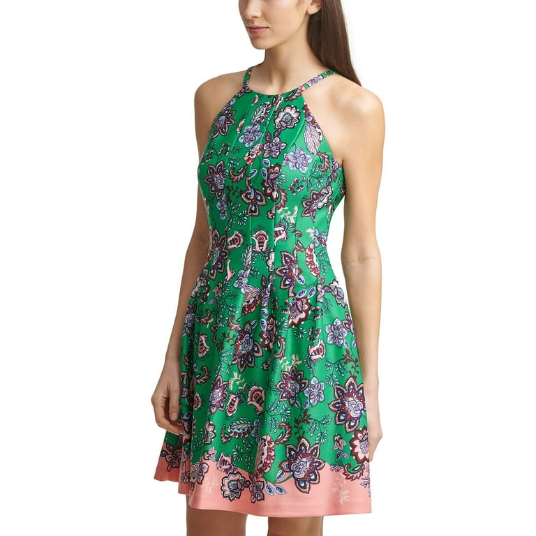 Vince Camuto Women's Floral Halter Neck Scuba Crepe Fit & Flare Dress Green  Size 6 