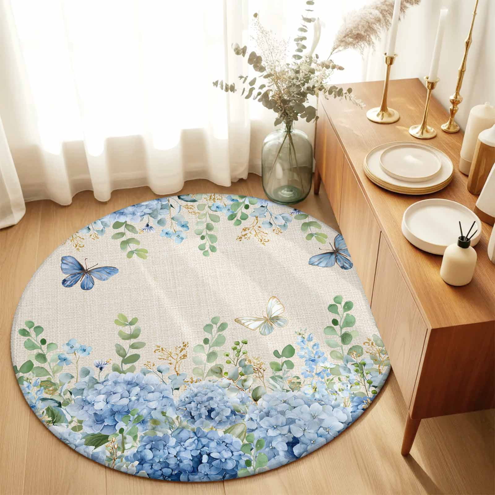 Round Rugs 3 Ft, Blue Hydrangea Non Slip Area Rugs for Kitchen Bedroom Entryway, Spring Summer Eucalyptus Vintage Beige Washable Carpet Runner Rug Floor Mats for Bedroom Home Decor