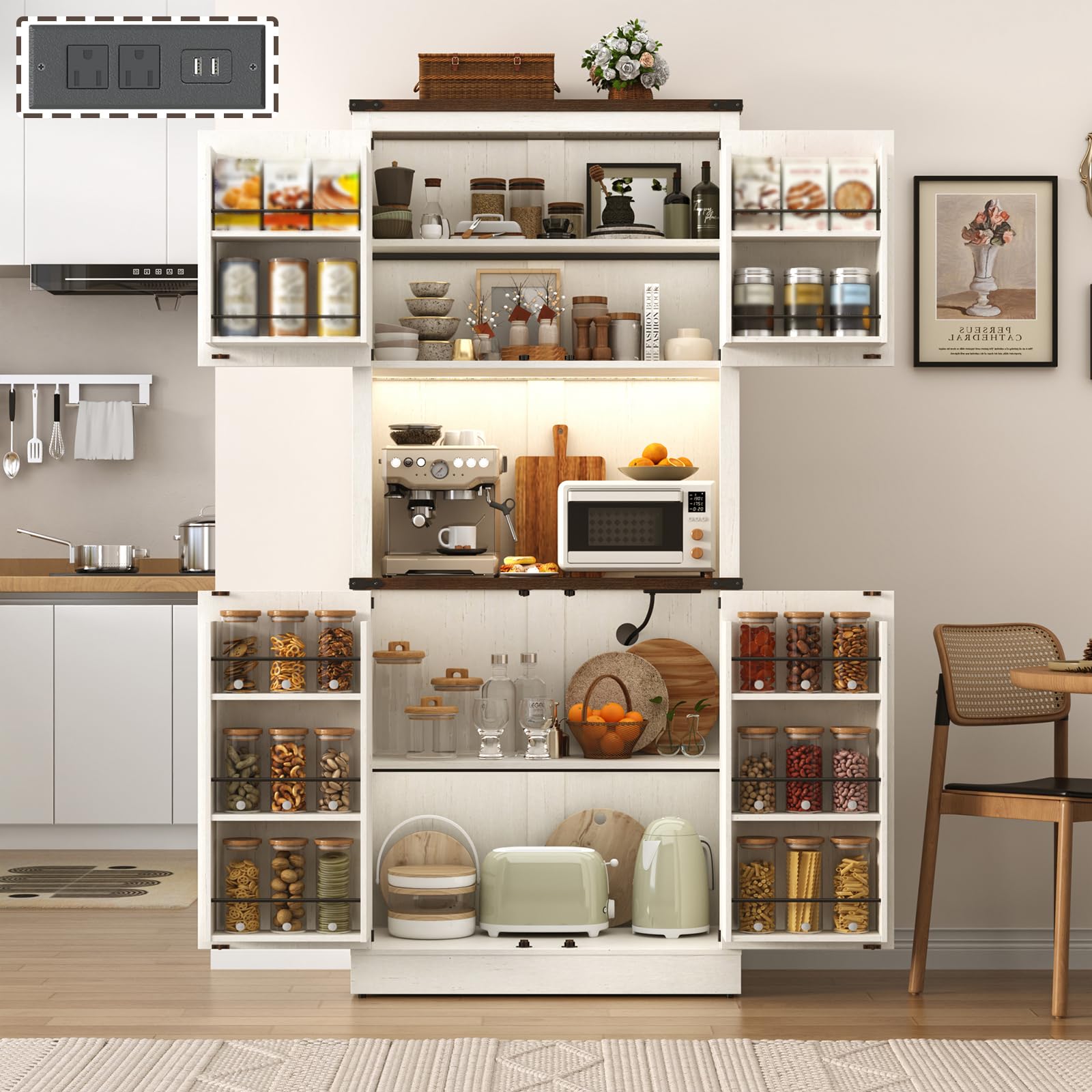 ANPOO 72'' Tall Farmhouse Kitchen Pantry Cabinet with LED Light and Power Outlet, 10 Hanging Shelves, Adjustable Shelves, Versatile Large Rustic Cabinet for Kitchen, Dining Room, Living Room