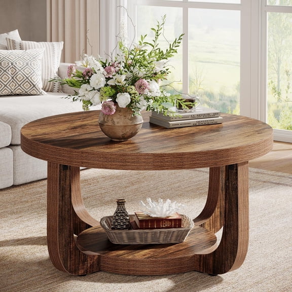 Tribesigns 2-Tier Round Coffee Table, Circle Coffee Table with Storage, Modern Accent Center Table for Living Room, Thick Tabletop & Base, Rustic Brown
