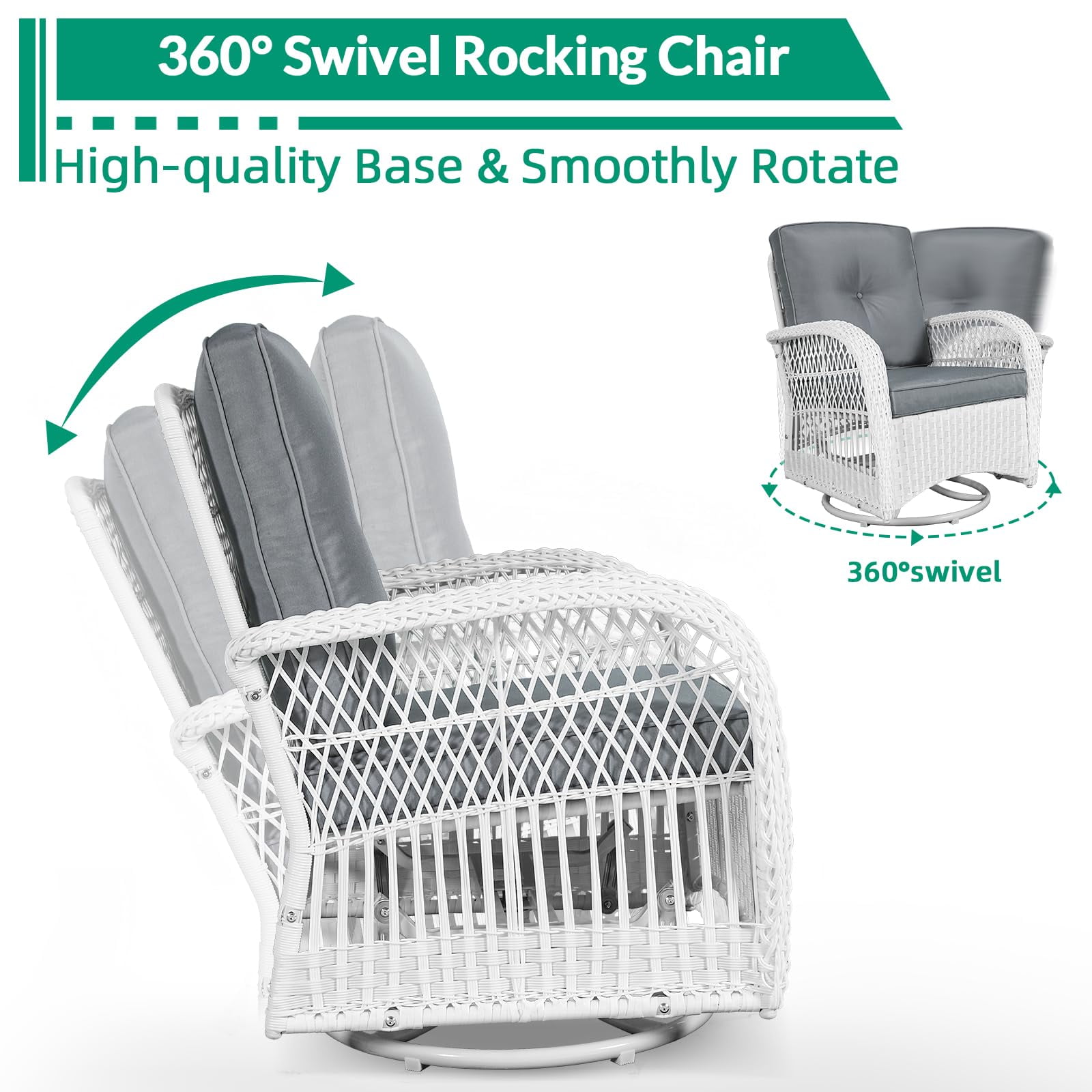 VIVIJASON 3-Piece Outdoor Conversation Bistro Set, Patio Swivel Glider Rocking Chairs Rattan Furniture Sets w/ 2 White Rattan Chairs, Glass Top Side Table for Porch Backyard, Grey Cushions