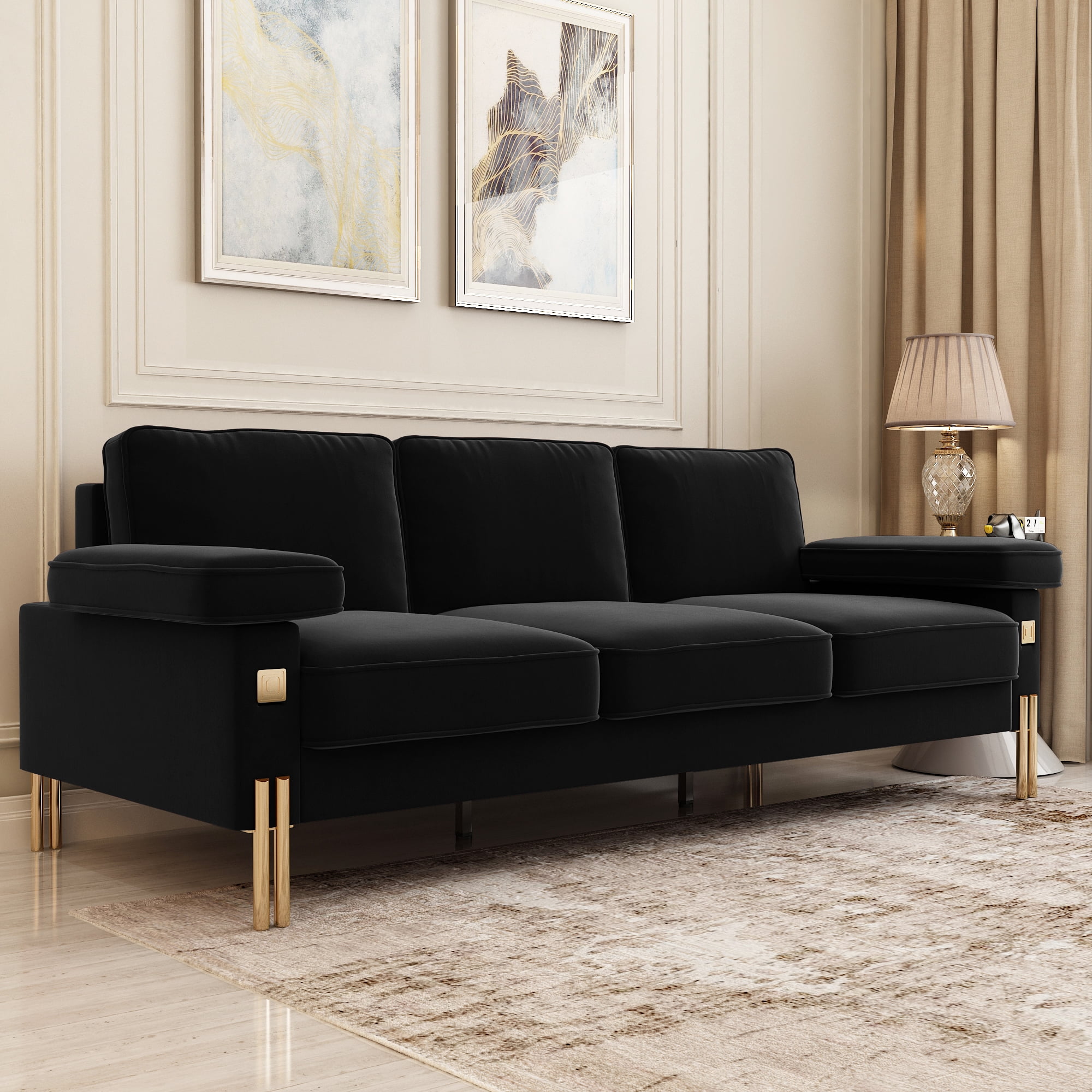 Resenkos 93"W 3-Seater Velvet Sofa Couch Contemporary with Extra-Deep Padded Cushions, Black Resenkos 93"W 3-Seater Velvet Sofa Couch Contemporary with Extra-Deep Padded Cushions, Black