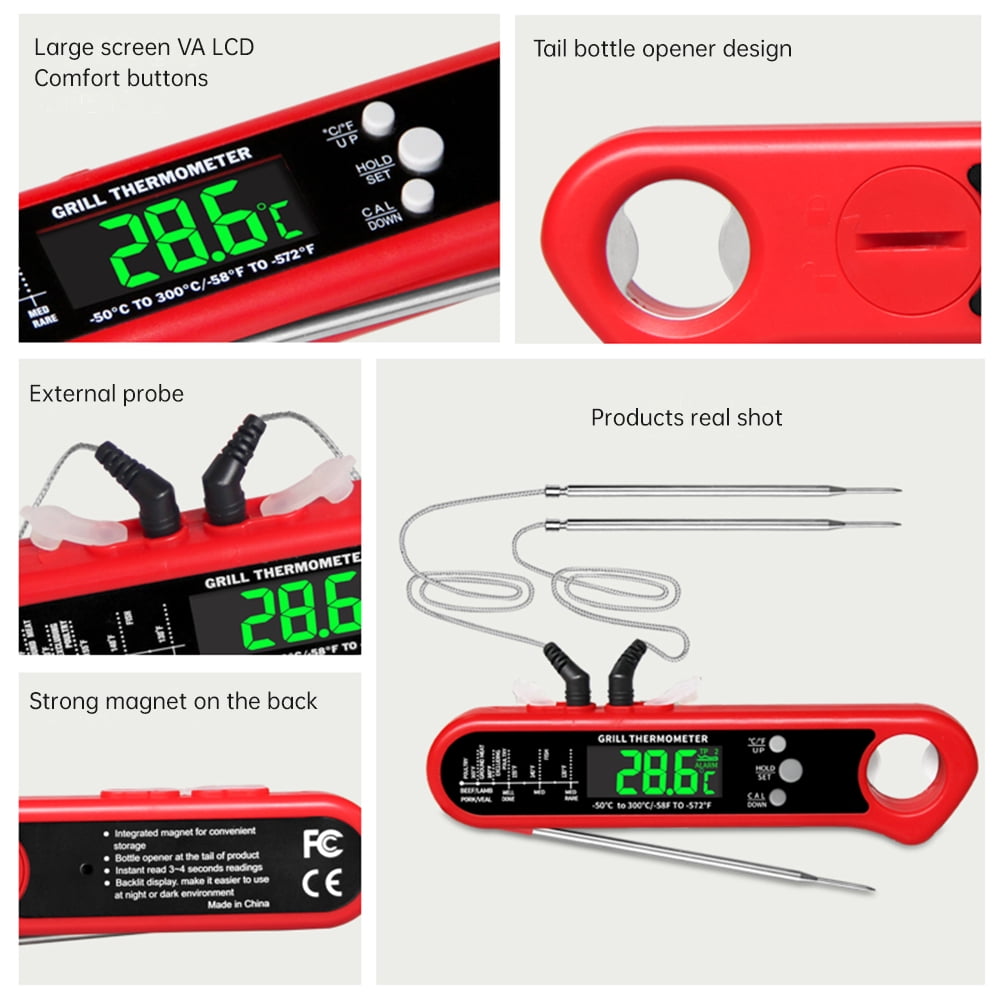 BOKYAN Digital Meat Thermometer for Cooking 2-3s Instant Read Food Thermometer with Dual Probes Backlight LCD and Bottle Opener for Kitchen BBQ Grill Smoker Deep Fryer Baking Red 6.3 inches