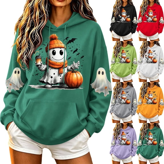 Jsaierl Womens Halloween Sweatshirts Plus Size Ghost Graphic Pullover Hoodies Vintage Classic Long Sleeve Shirt Tops Halloween Party Supplies, Sizes S-2XL