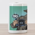 thumbnail image 3 of Paparazzi Ceramic Toothbrush Holder, Funny Photographer with Press Media Camera Reporter Smiling Photo, Decorative Versatile Countertop for Bathroom, 4.5" X 2.7", Sea Green and Warm Taupe, 3 of 4