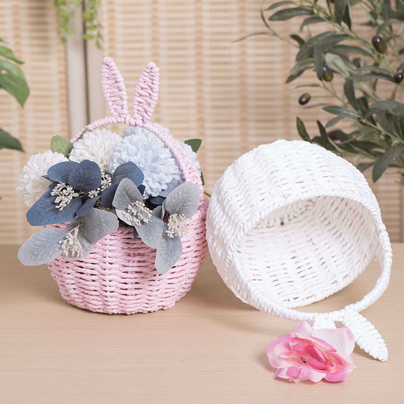 Easter Rabbit Ear Woven Basket - Paper Rope Picnic Candy Basket with Handles, Bunny Straw Wicker Basket for Egg , Party Decor & Gift Giving