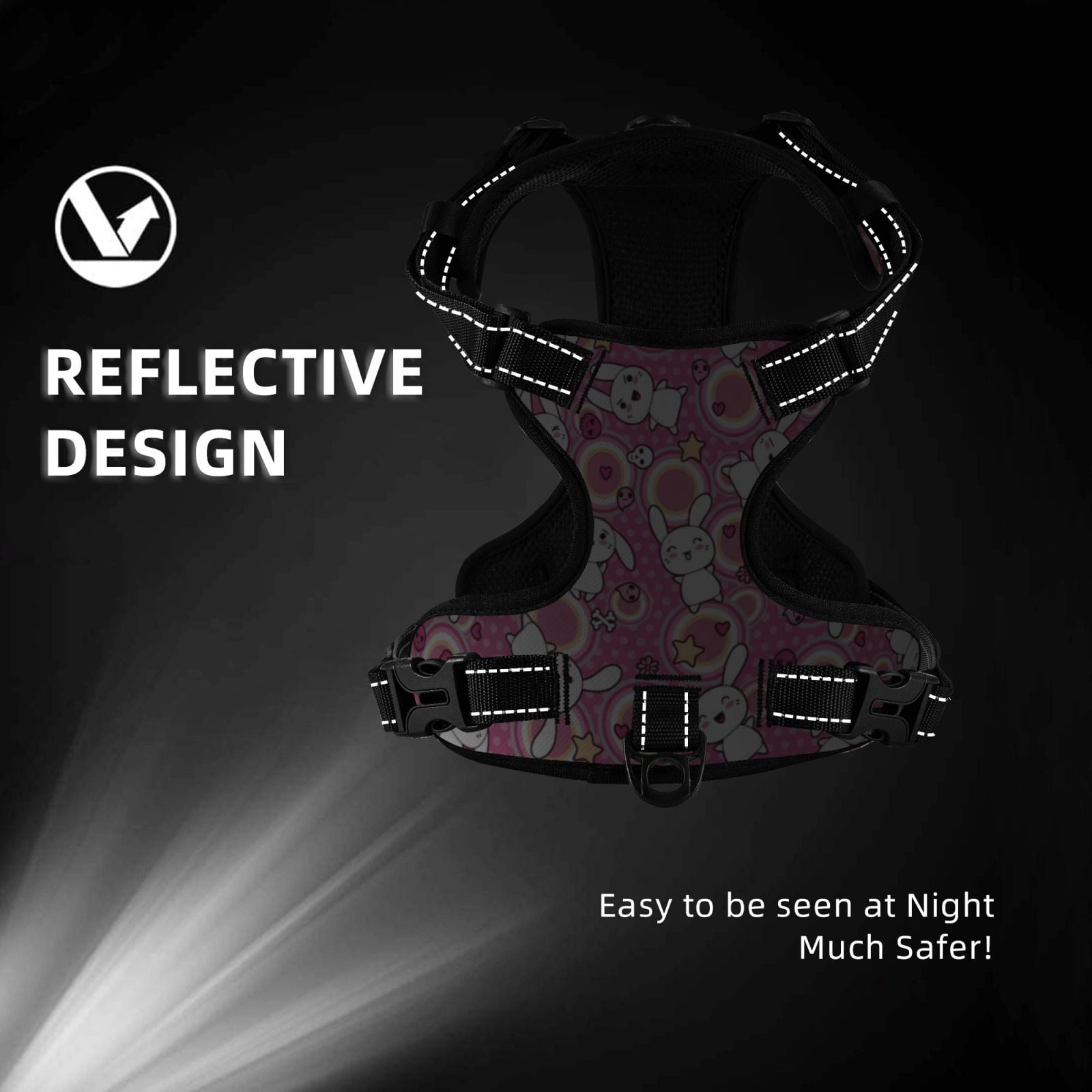 Kdxio Cute Rabbit Print No Pull Dog Harness Adjustable Reflective Oxford Easy Control Medium Large Dog Harness for Training and Everyday-Small