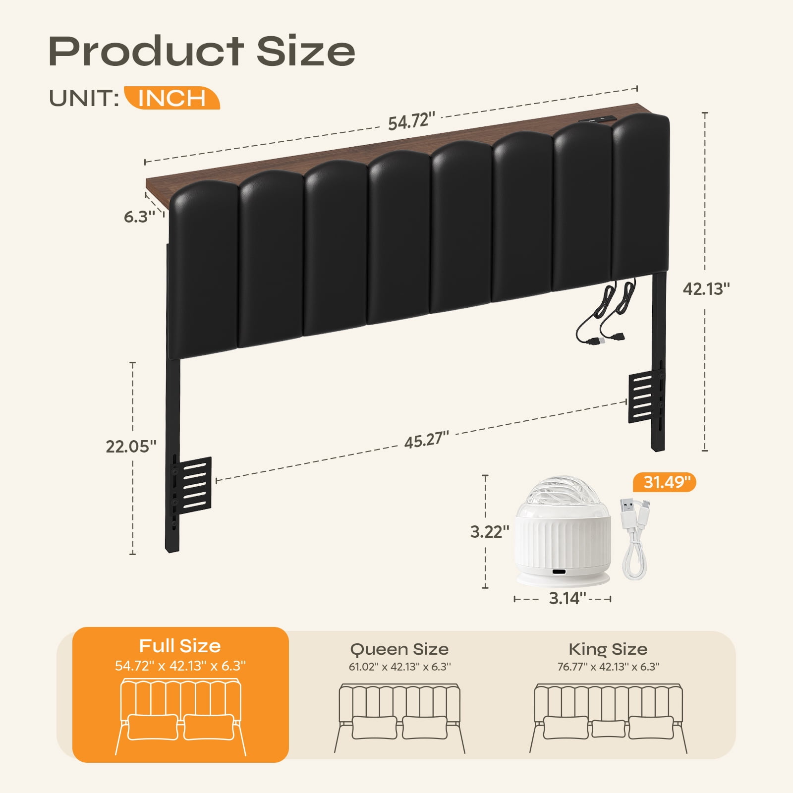 Pinmoco Upholstered Headboard with Storage Space and Charging Station for Full Size Bed, Galaxy Aurora Star Projector, Black PU Leather, Easy Assembly