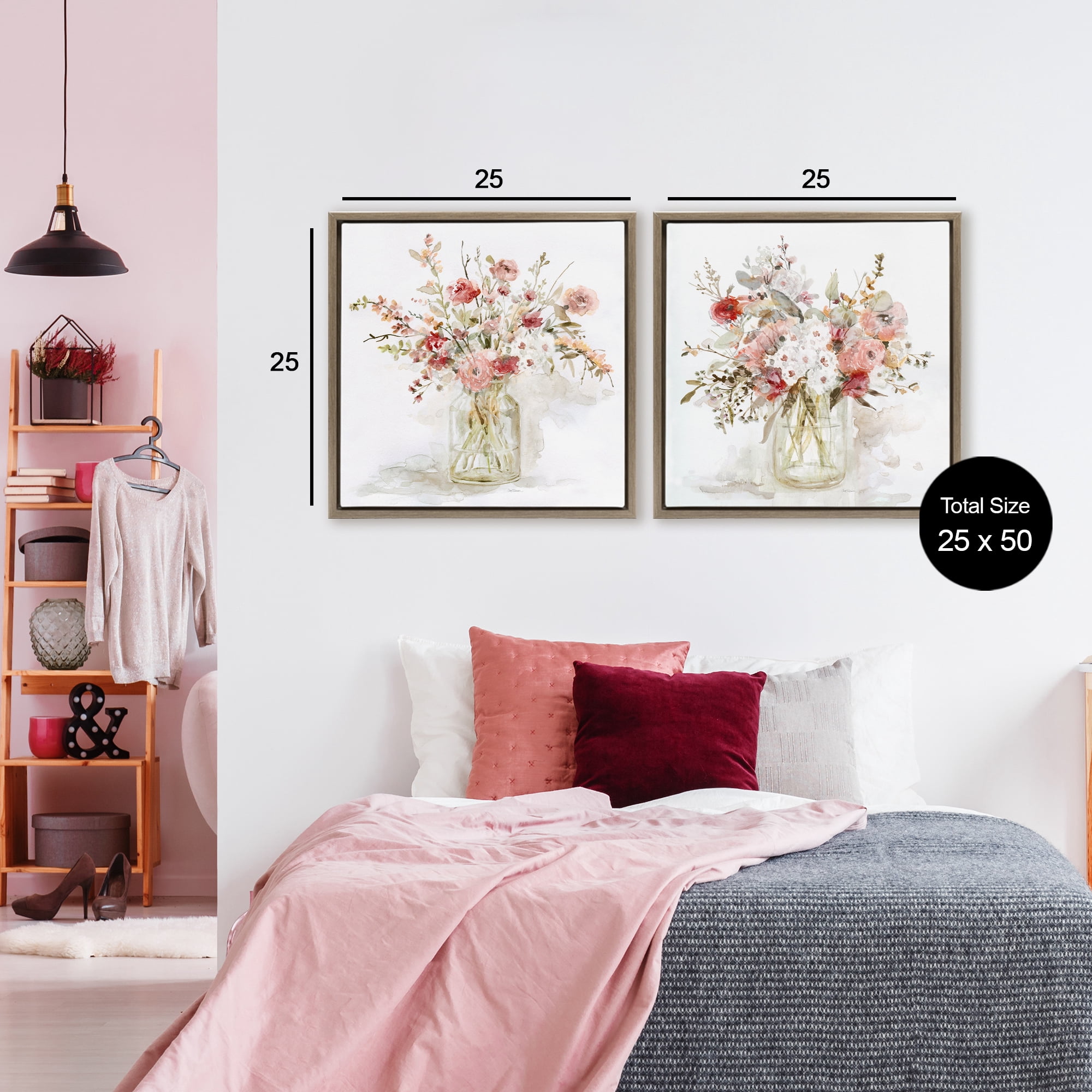 Stupell Industries Delicate Watercolor Bouquets in Glass 2 Piece Brown Framed Floater Canvas Set, design by Carol Robinson