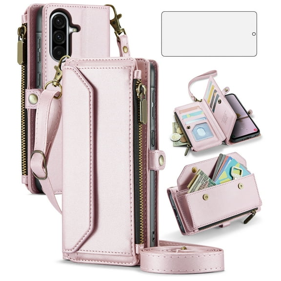 Asuwish Compatible with Samsung Galaxy A36 5G Zipper Wallet Phone Case Tempered Glass Screen Protector Crossbody Lanyard Strap Flip Card Holder Slot Cell Cover for A36 36A LTE SM-A36U Women Rose Gold