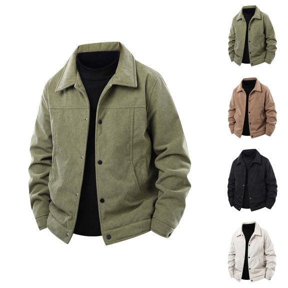 Corduroy Jacket Men Long Sleeve Loose Casual Button Down Collared Coat with Pockets Fall Winter Outerwear