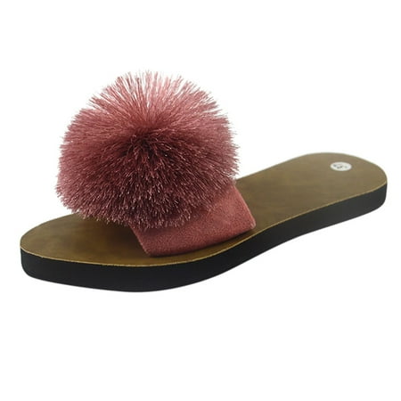 

Women Beach Breathable Hair Ball Sandals Home Slipper Flip-Flops Flat Shoes