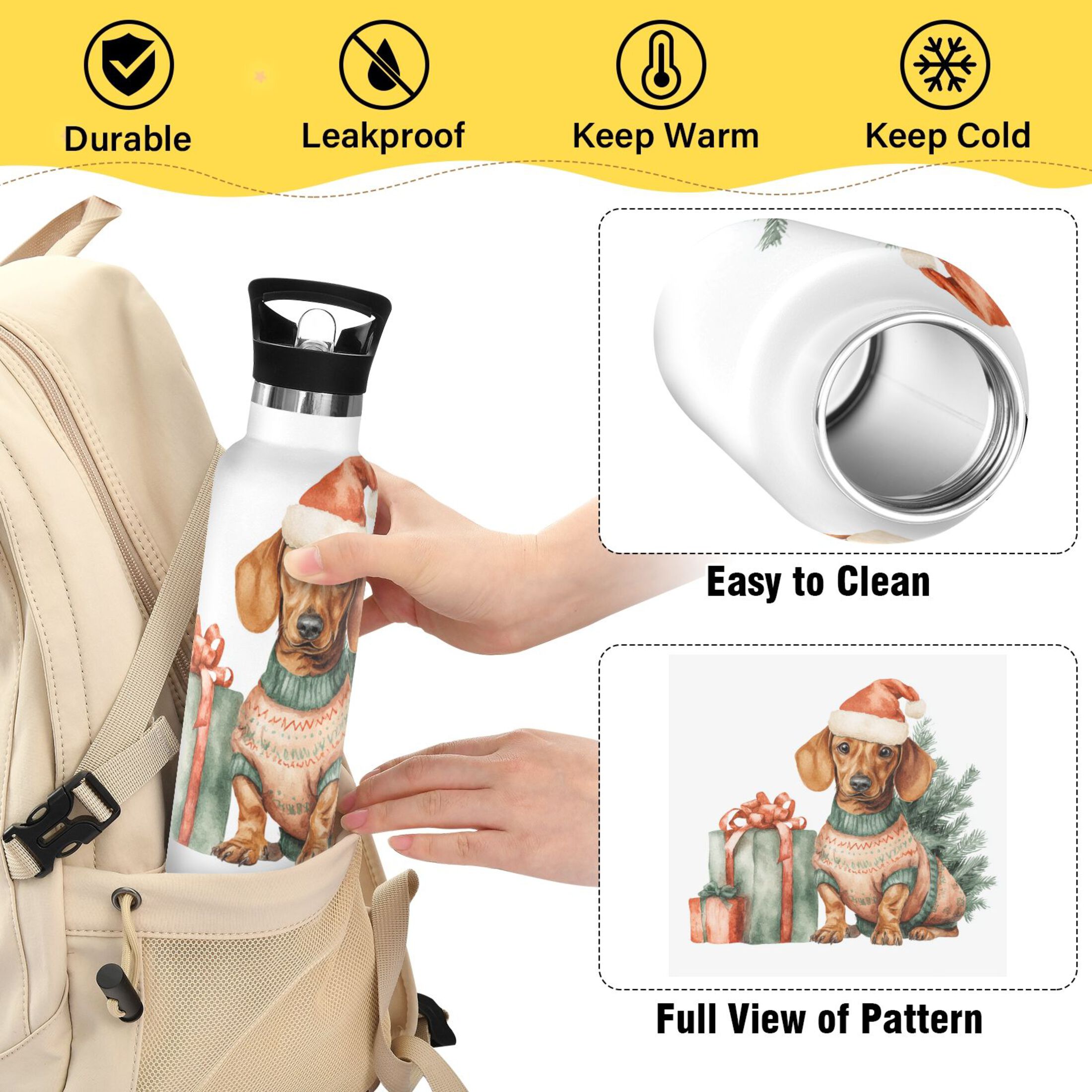 600ML Stainless Steel Insulated Cup Sports Water Bottle Portable Thermos Cup Water Glasses Insulated Tumblers Convenient and Durable Cartoon Christmas Puppy