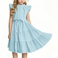 thumbnail image 2 of AUNVITO Girls Summer Dress | High-Necked A-Line Dress with Ruffled Sleeves & Tiered Flared Skirt | Waist Tie Party Dress for Toddlers Age 5-15Years, 2 of 6
