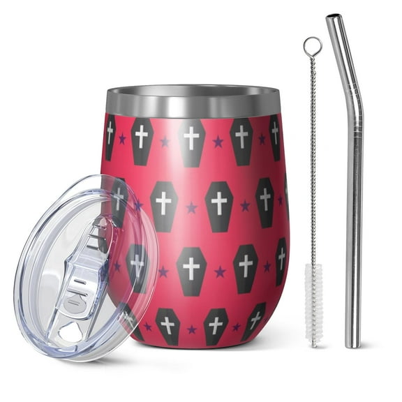 Halloween Pattern 12oz Stainless Steel Insulated Wine Tumbler with Lid and Straw – Double Wall Vacuum Mug for Hot & Cold Drinks, 304 Steel Interior, Sweat-Free Design. Trick or Treat !