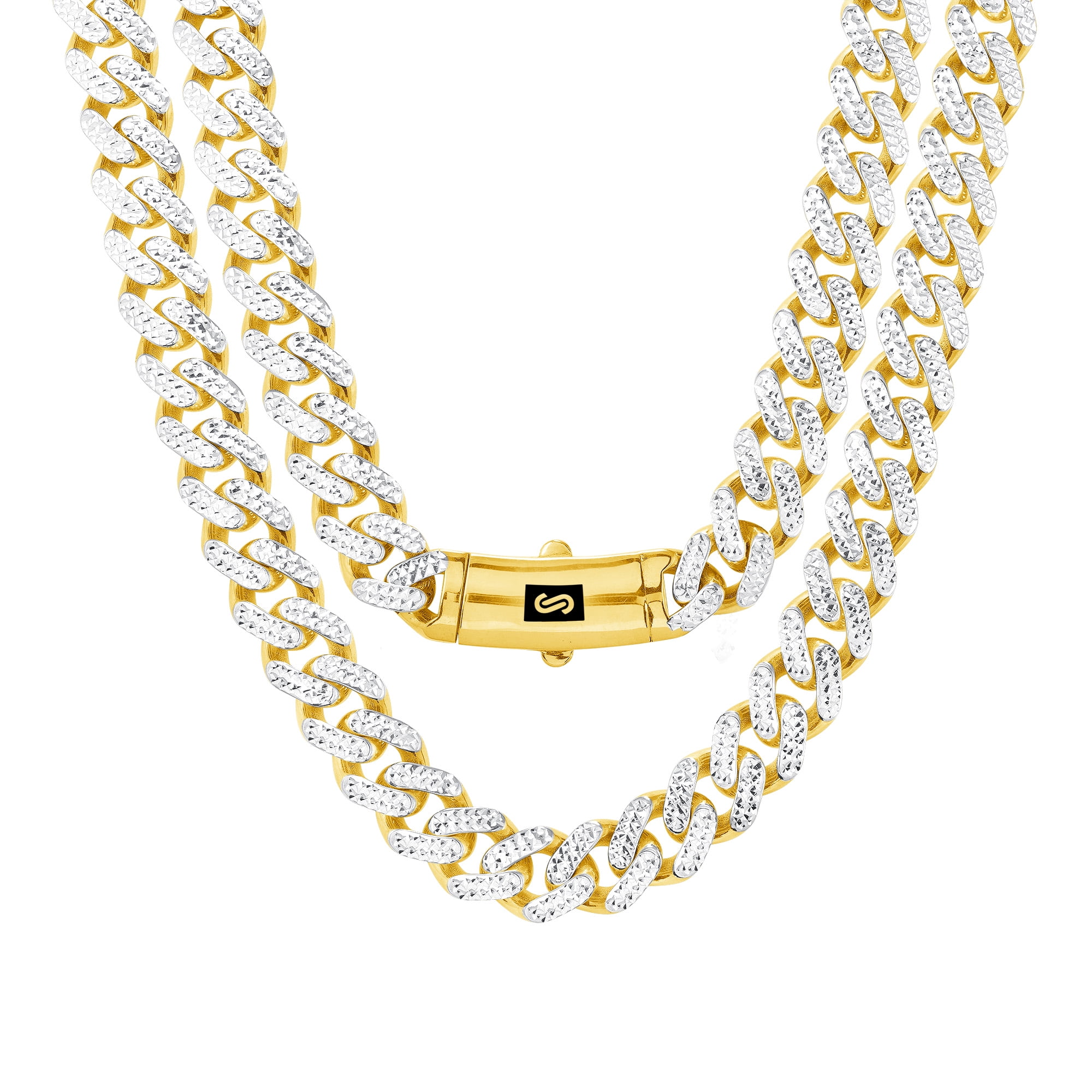 Nuragold 10k Real Yellow Gold Royal Monaco 11mm Miami Cuban Diamond Cut Pave Link Necklace (18"-30") Two Tone Italian Jewelry for Men