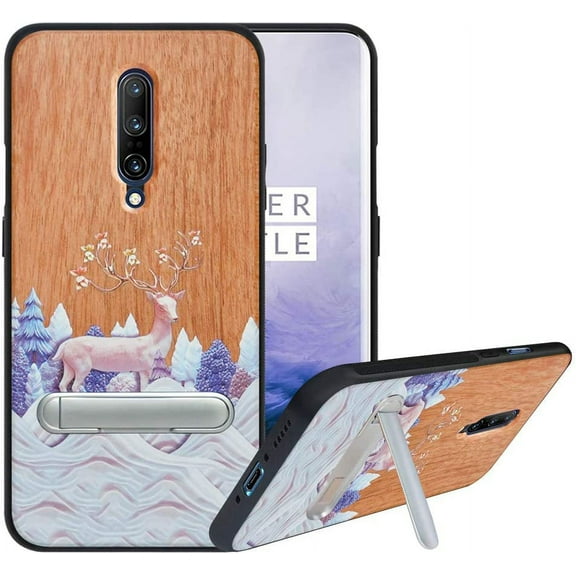 Labanema OnePlus 7 Pro Case, OnePlus 7 Pro Cover with Metal Kickstand, Natural Wood TPU Cover, Anti Scratch Case for OnePlus 7 Pro (Elk)