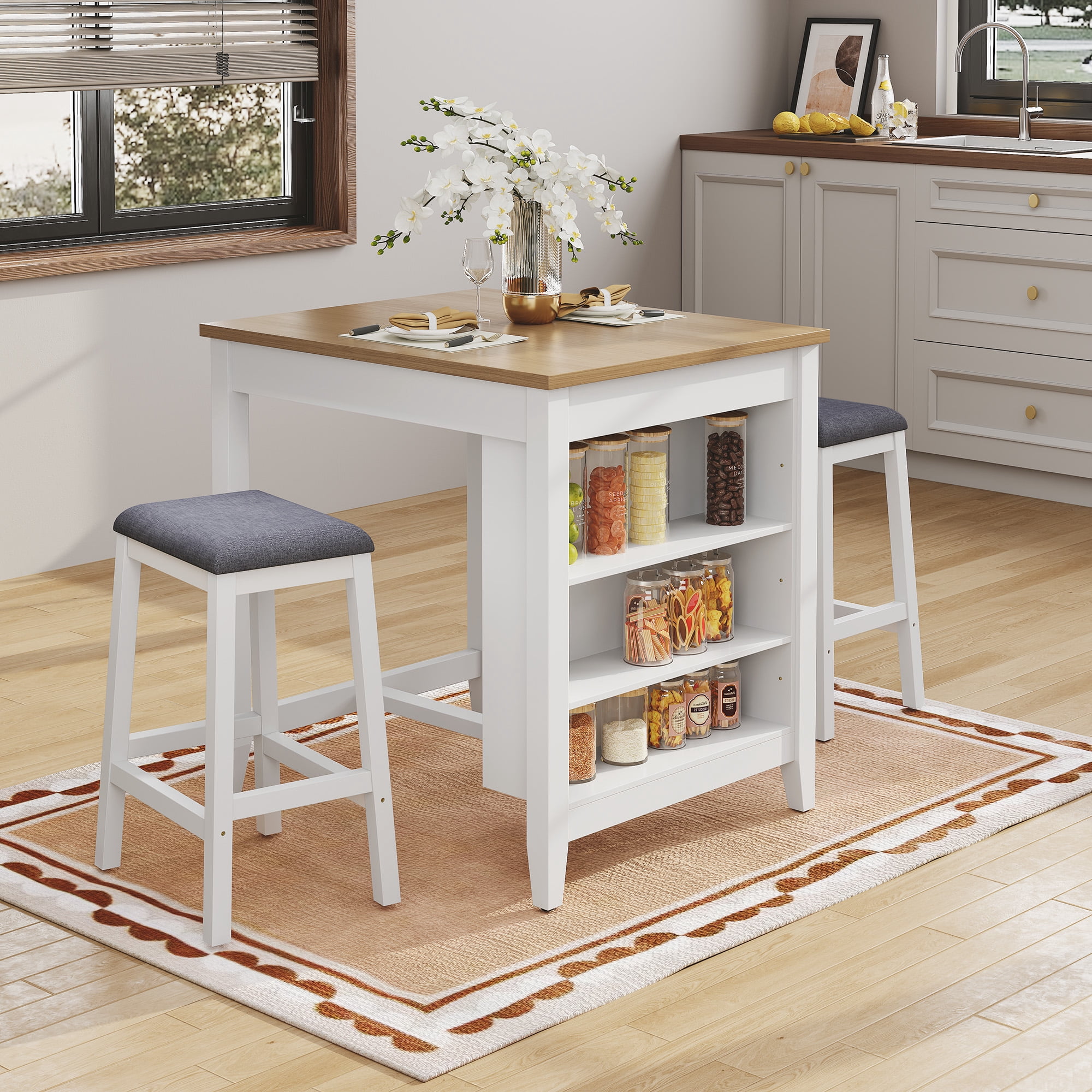 HLR 24.8" Bar Stools, Farmhouse Set of 2 Bar Chairs with Cushion for Kitchen, Dining Room, Cafe White