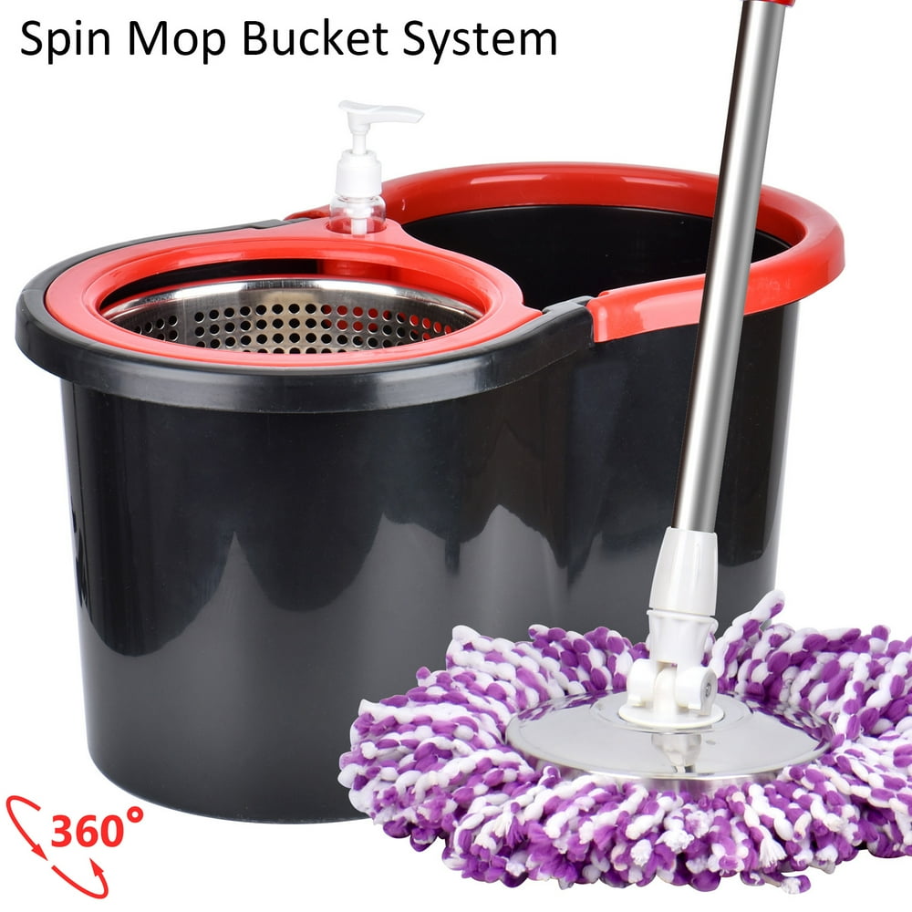 Spin Mop and Bucket System, 360 Degree Spin Mop with Bucket, 2 Mop Heads, Black & Red Walmart
