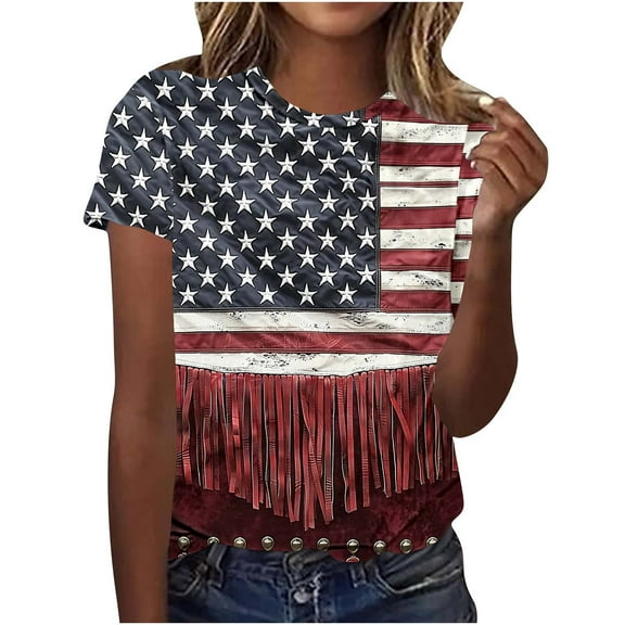 Plus Size Patriotic T-Shirts for Womens Independence Day American Flag Printed T-Shirts Round Neck Tee Short Sleeve Tops 4Th Of July Summer Tops Lounge Breathable Tunics Blouses Going Out Clothes
