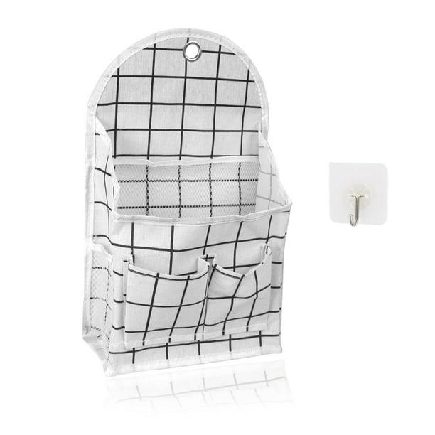 Bolsa de almacenamiento para colgar en la pared, organizador de lino a cuadros en blanco y negro, bolsa de almacenamiento para montar en la pared, sin perforaciones, sobre la puerta (blanco