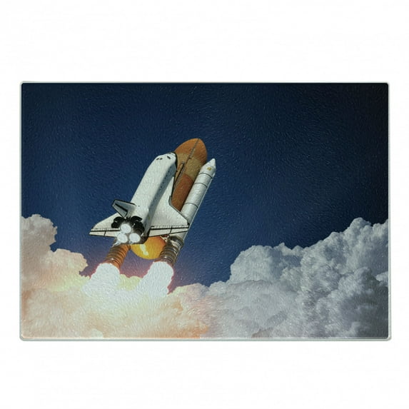 Outer Space Cutting Board, Space Rocket Lifting Through the Clouds Blast Explore the Galaxy Photo, Decorative Tempered Glass Cutting and Serving Board, Small Size, White Blue Orange, by Ambesonne